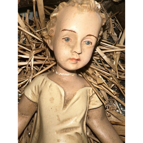 Antique Infant Jesus 1900s Real Wood Manger Nativity Baby Religious Decor - Picture 16 of 16